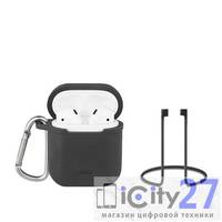 Комплект чехол с карабином и удерживающий ремешок для AirPods UNIQ Vencer Hang case and Strap Gray